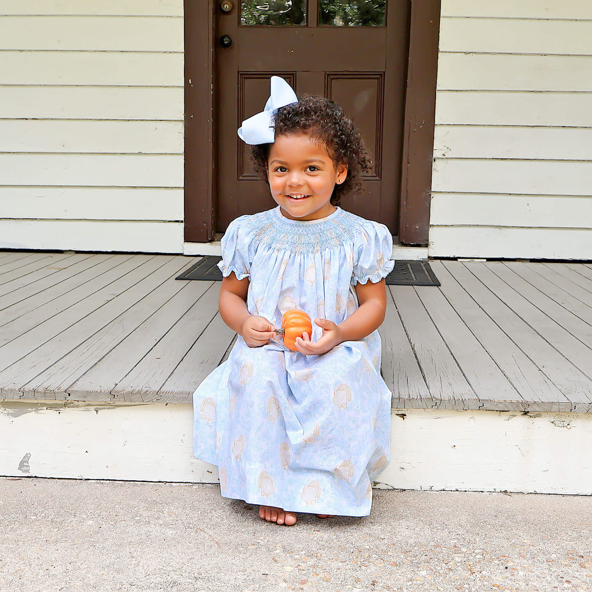 Autumn Turkey Blue Smocked Bishop Dress