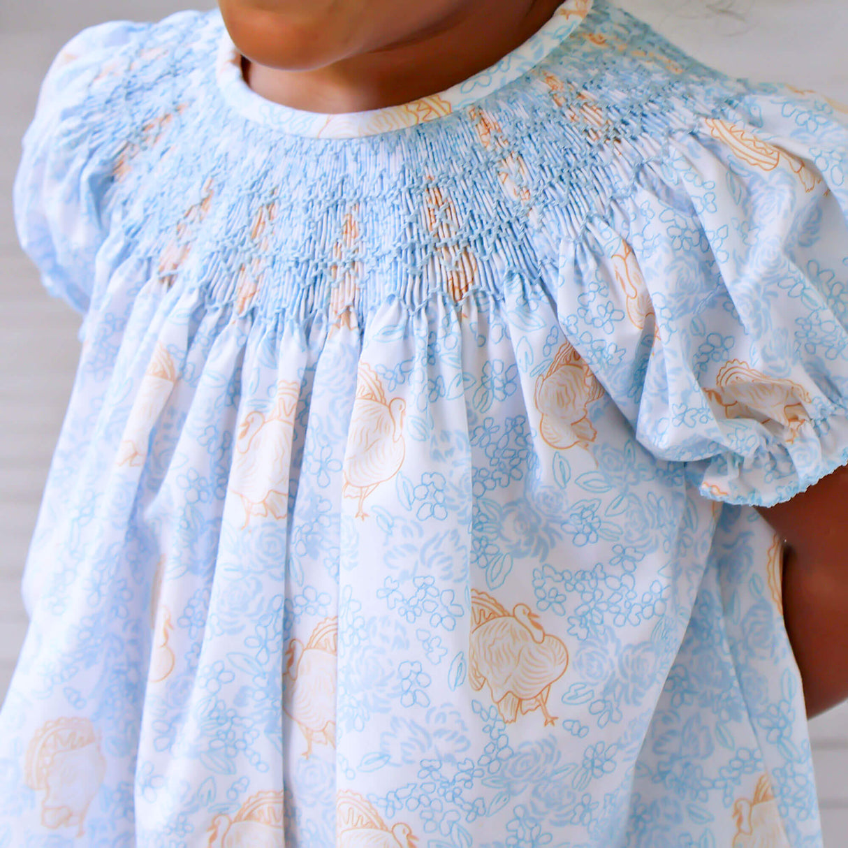 Autumn Turkey Blue Smocked Bishop Dress