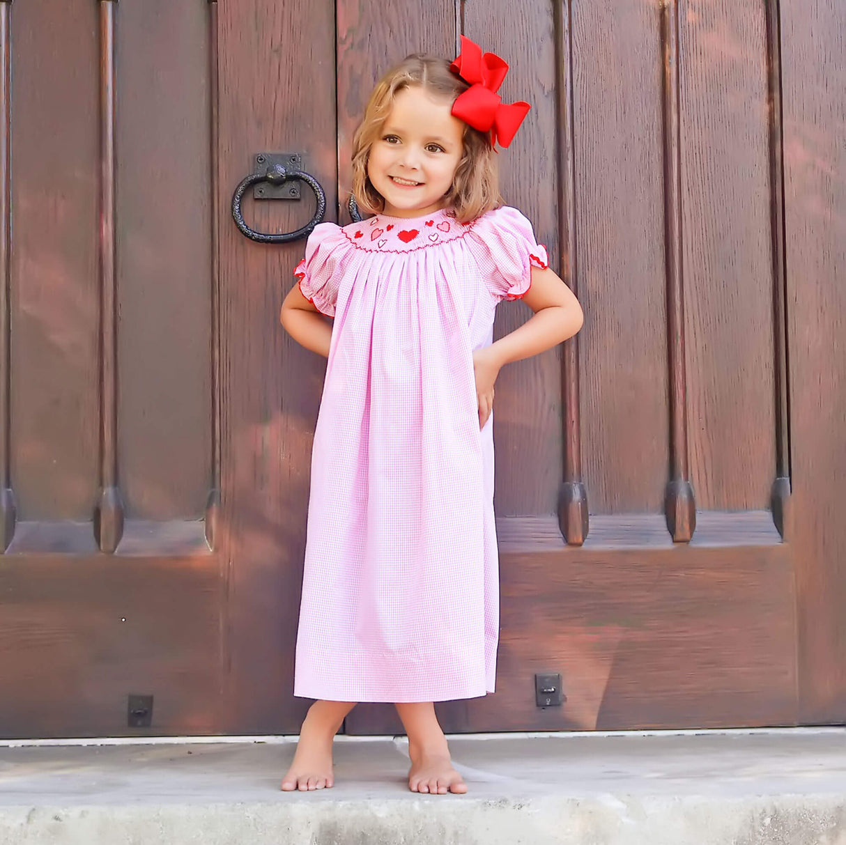 Pink and Red Hearts Smocked Bishop Dress