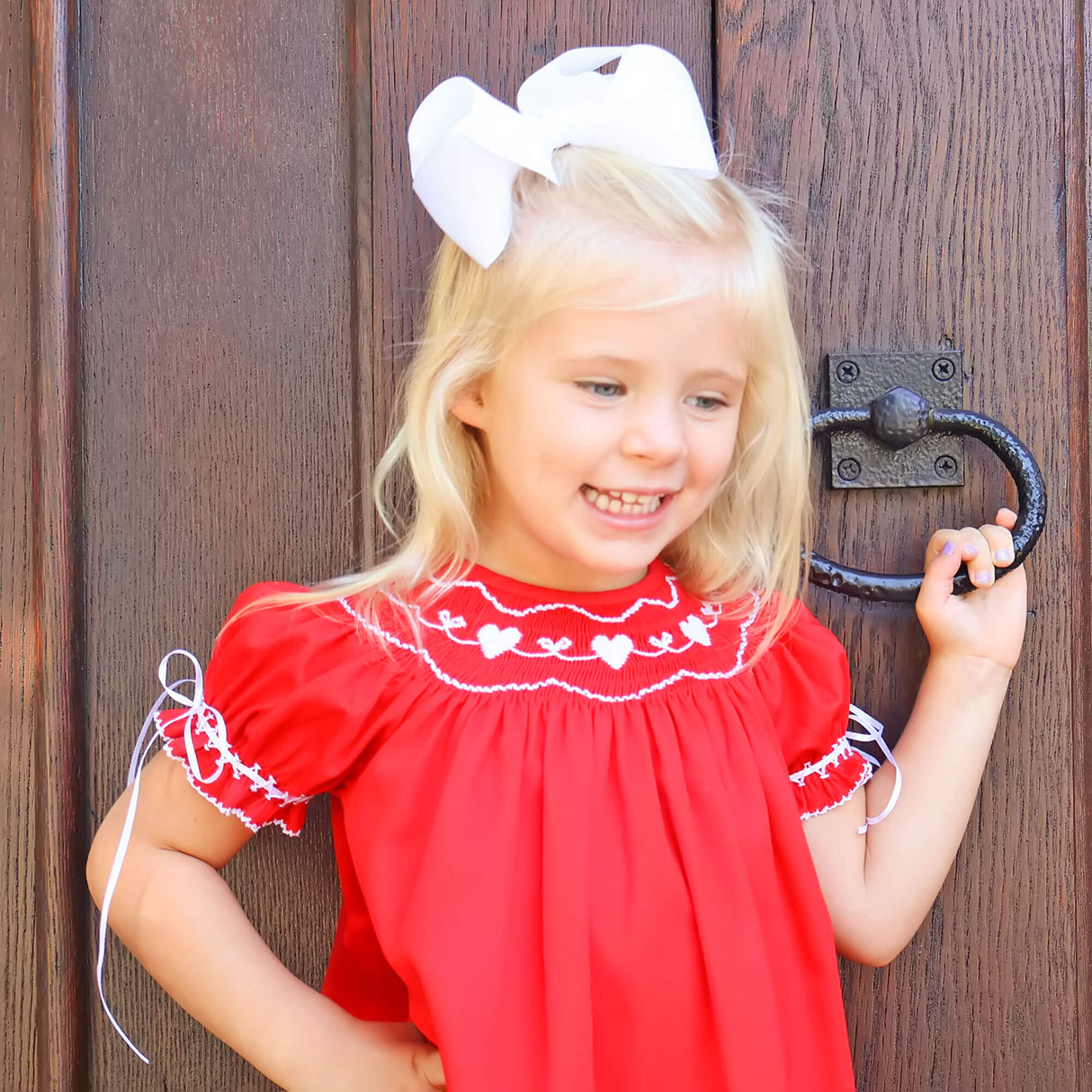 Heart Smocked Red Pique Bishop Dress