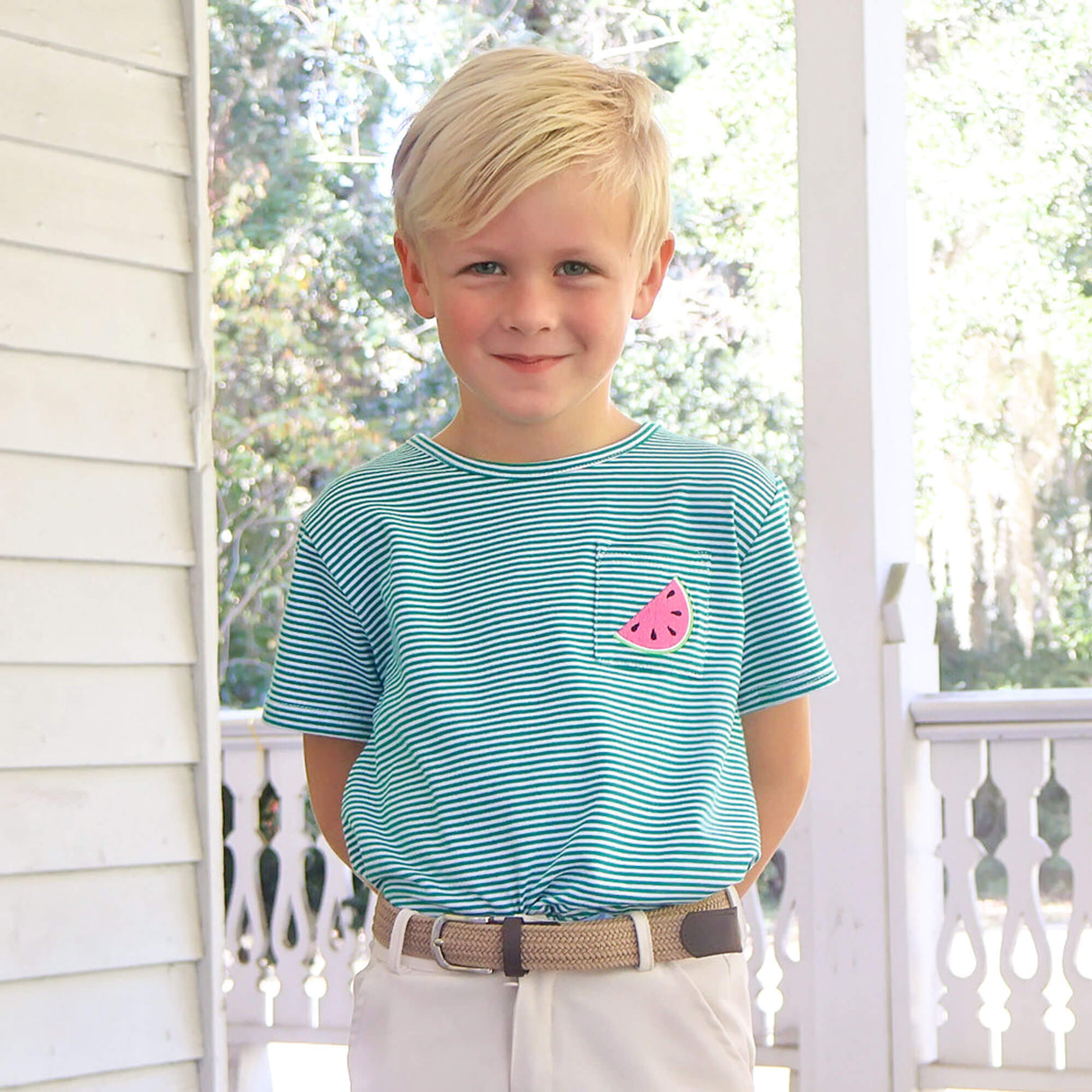 Sweet Watermelon Green Stripe Short Sleeve Pocket Shirt