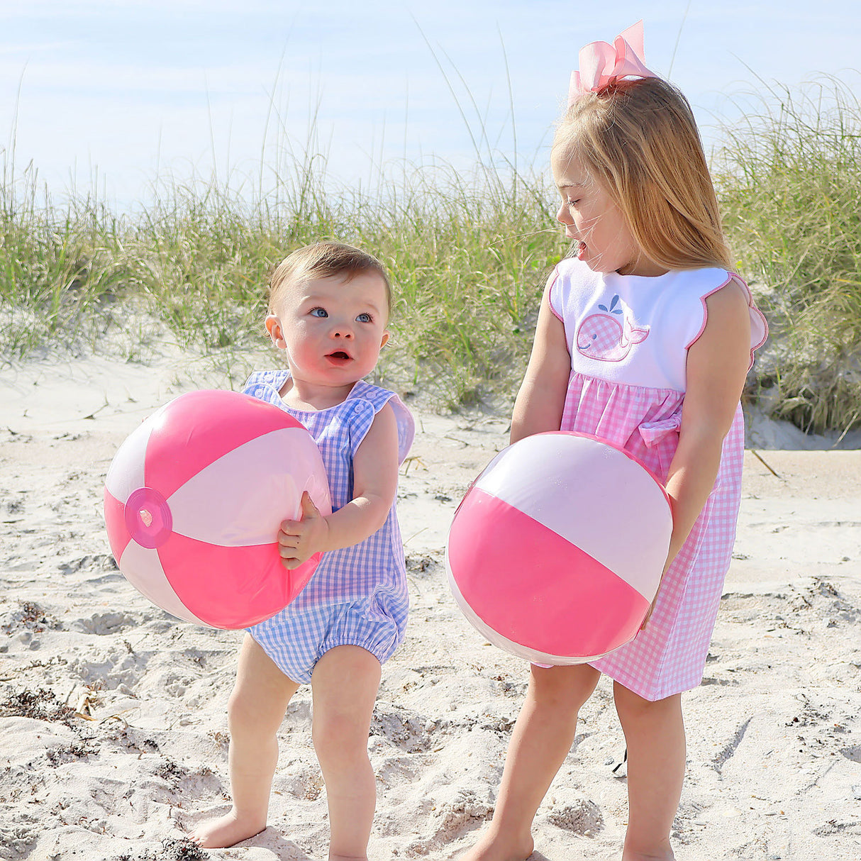 Cute Whale Pink Gingham Scalloped Bib Dress