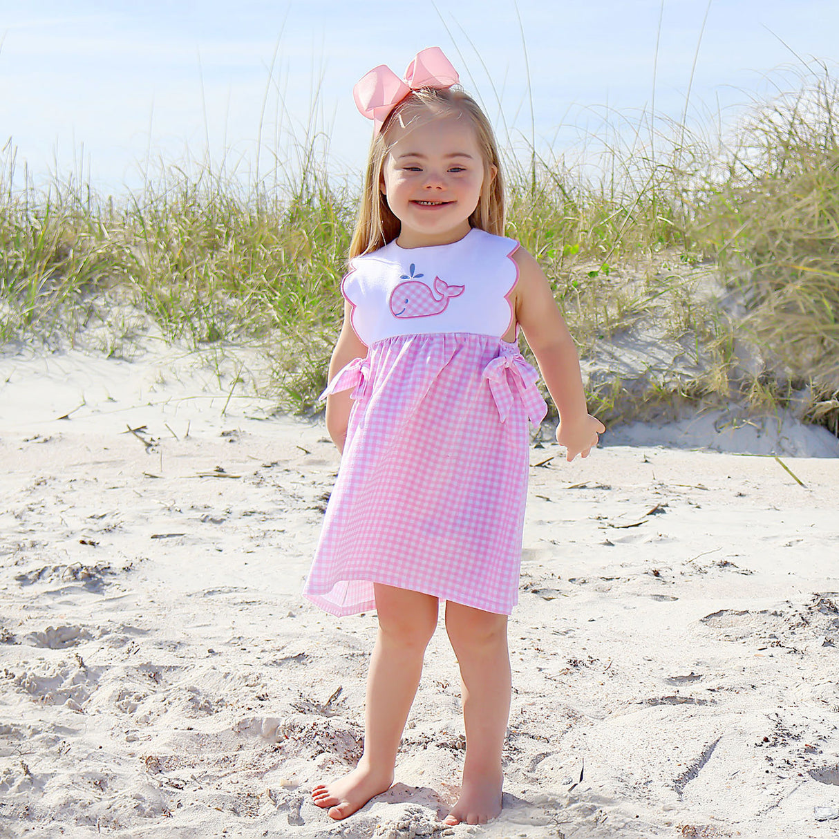 Cute Whale Pink Gingham Scalloped Bib Dress