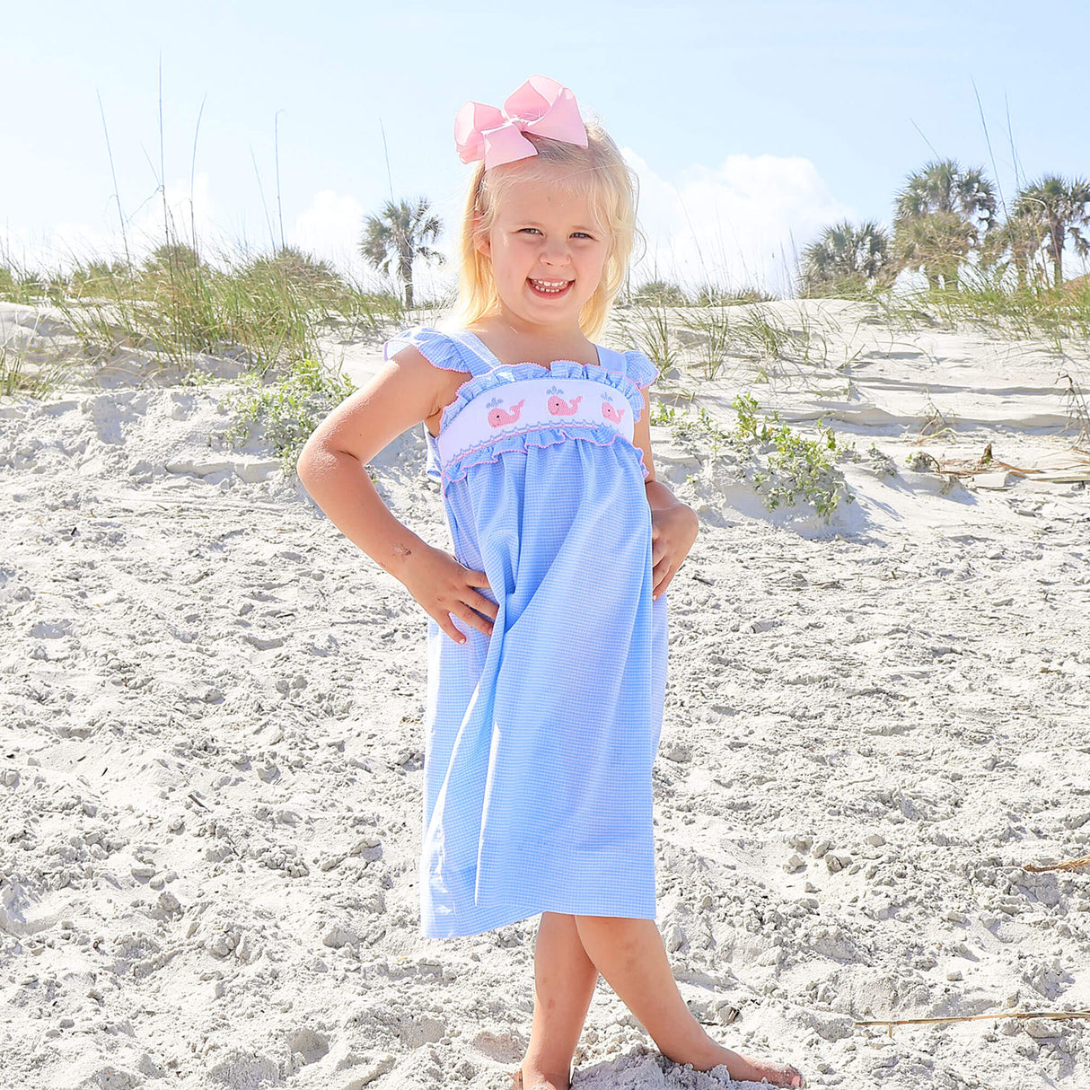 Happy Whale Blue Windowpane Smocked Amy Dress