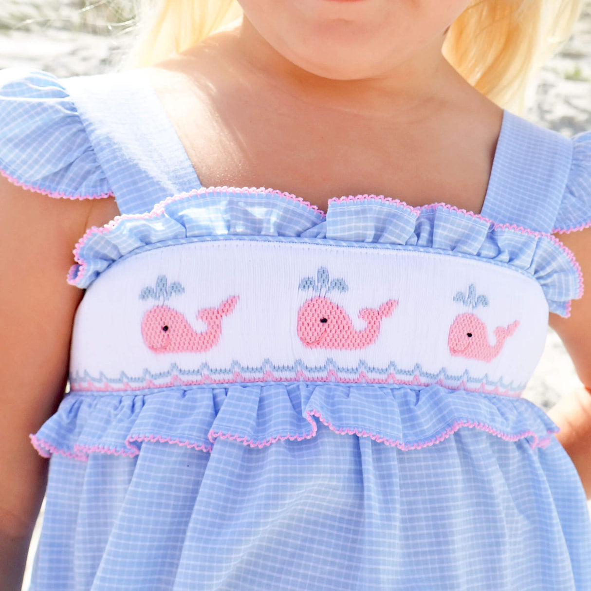 Happy Whale Blue Windowpane Smocked Amy Bubble