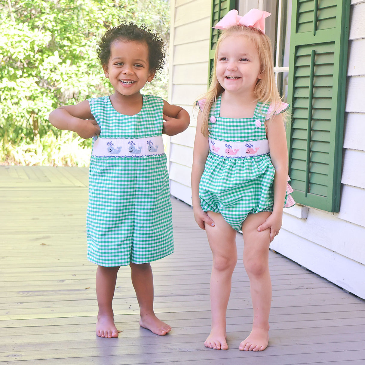 Whale Smocked Green Gingham Leah Bubble