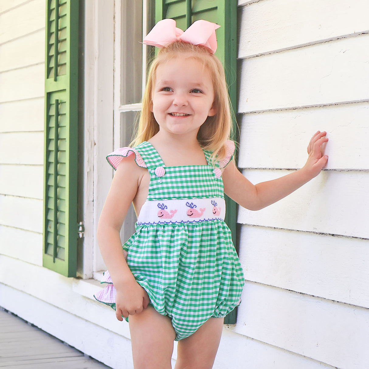 Whale Smocked Green Gingham Leah Bubble