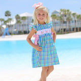 Pink Whale Smocked Green and Blue Beverly Dress
