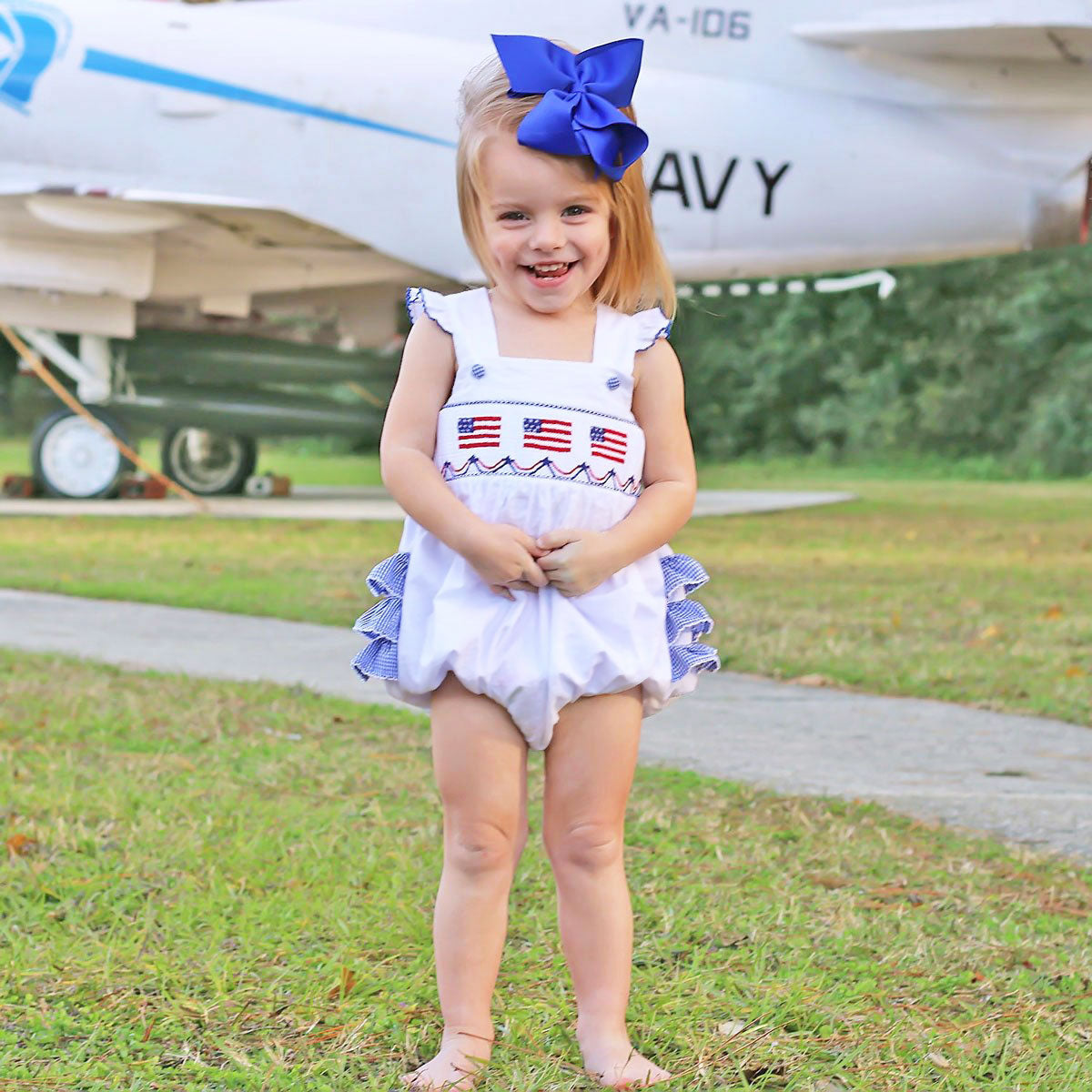 Flag Smocked White Pique Leah Ruffle Bubble