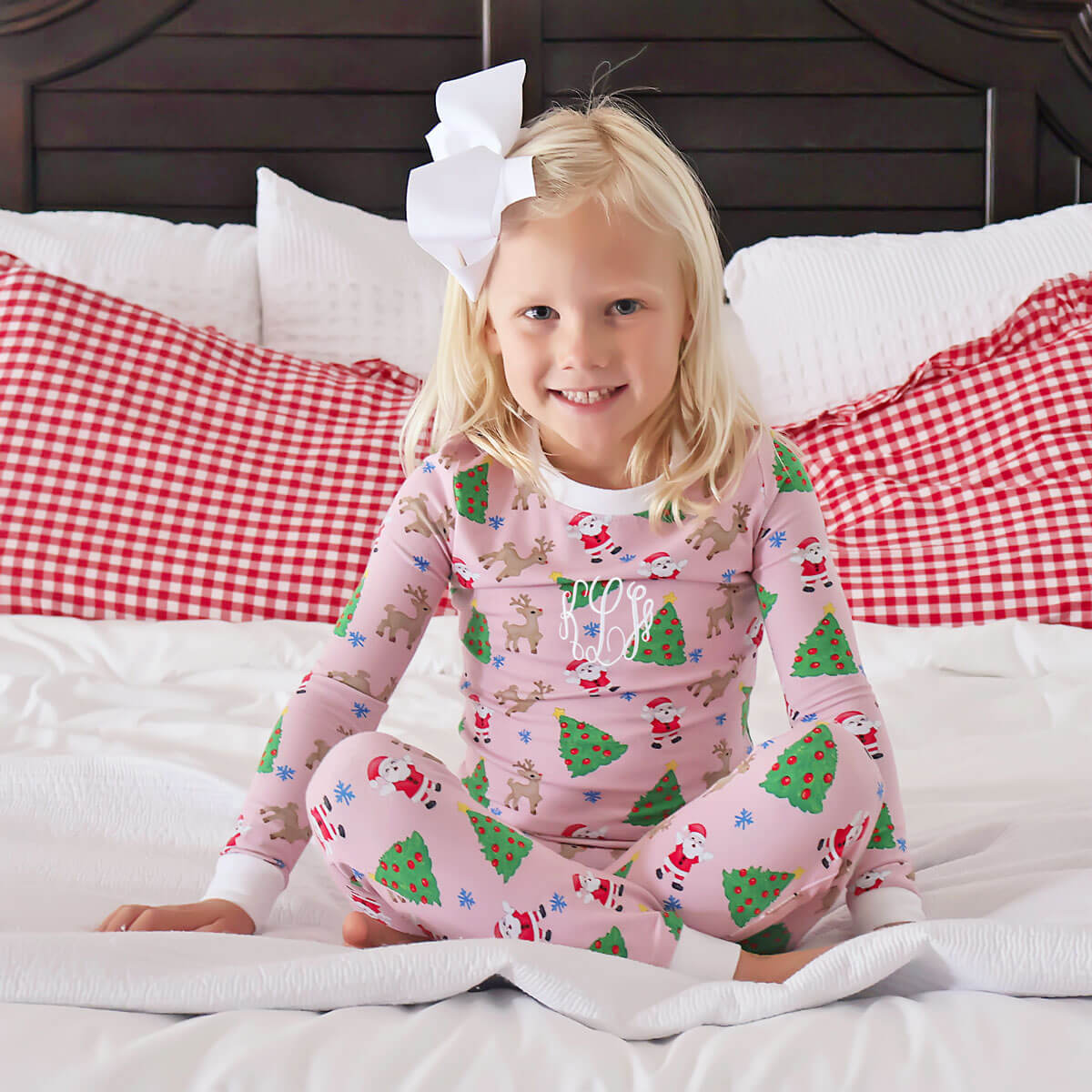 Christmas Tree Santa and Reindeer Print Pink Pajamas – Classic Whimsy