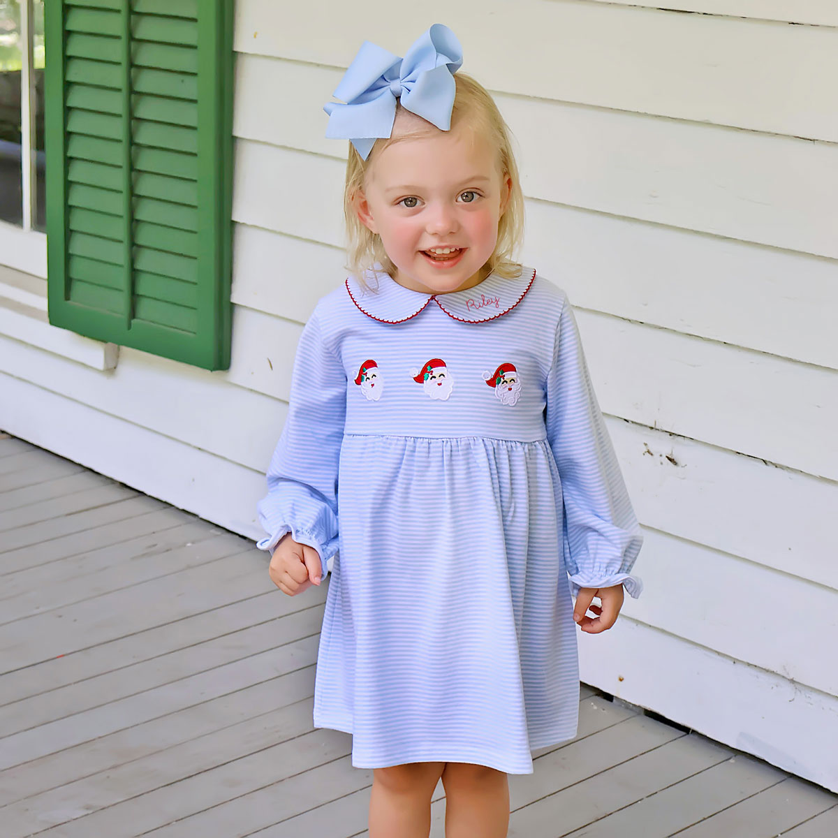 Happy Santa Light Blue Stripe Riley Dress