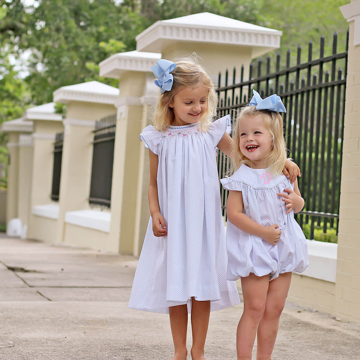 Wild Flowers Smocked Light Blue Polka Dot Dress