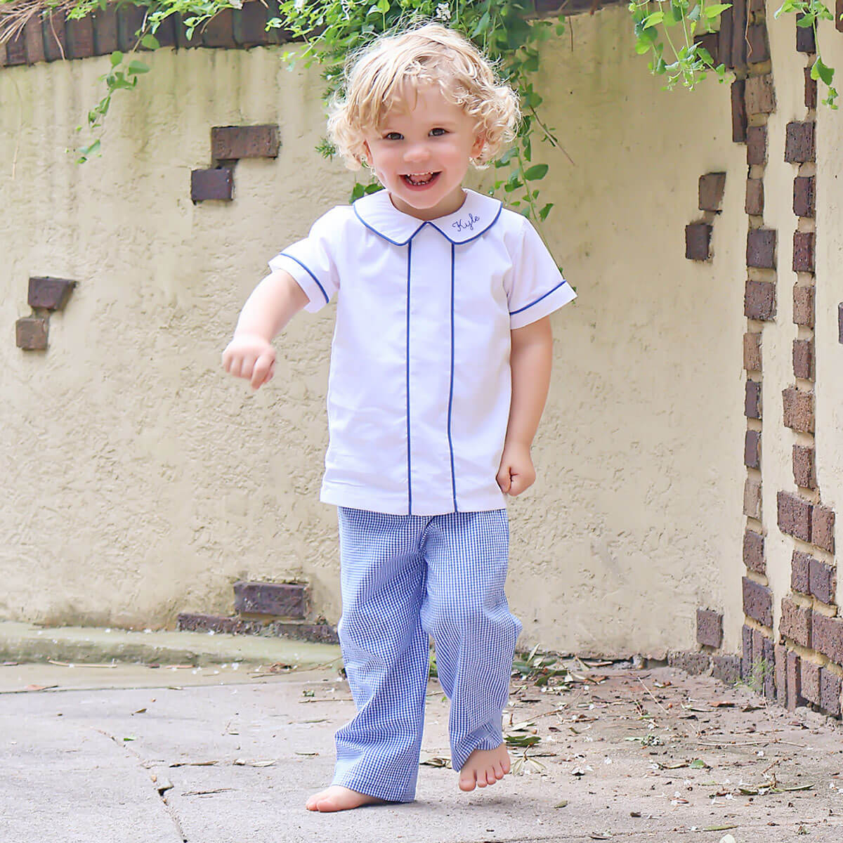 Royal Blue Gingham Collared Pant Set