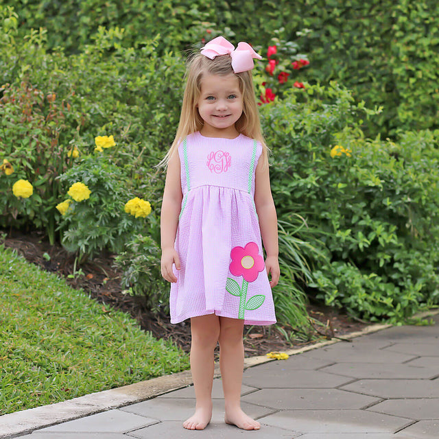 Flower Applique Pink Seersucker Check Dress – Classic Whimsy Flower Applique Pink Seersucker Check Dress – Classic Whimsy