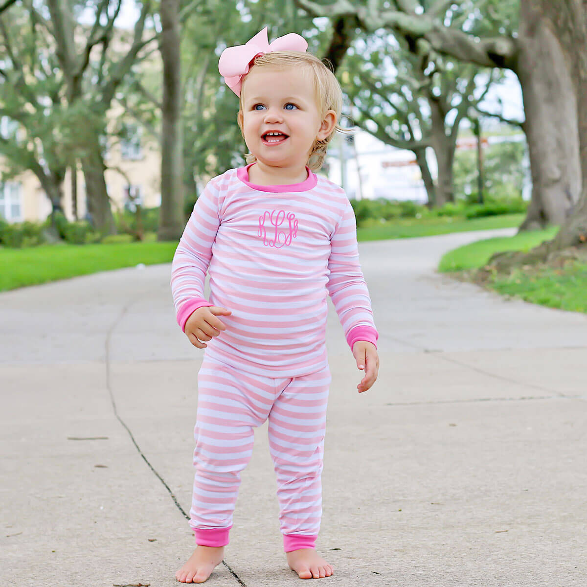 Pink and white striped pajamas sale