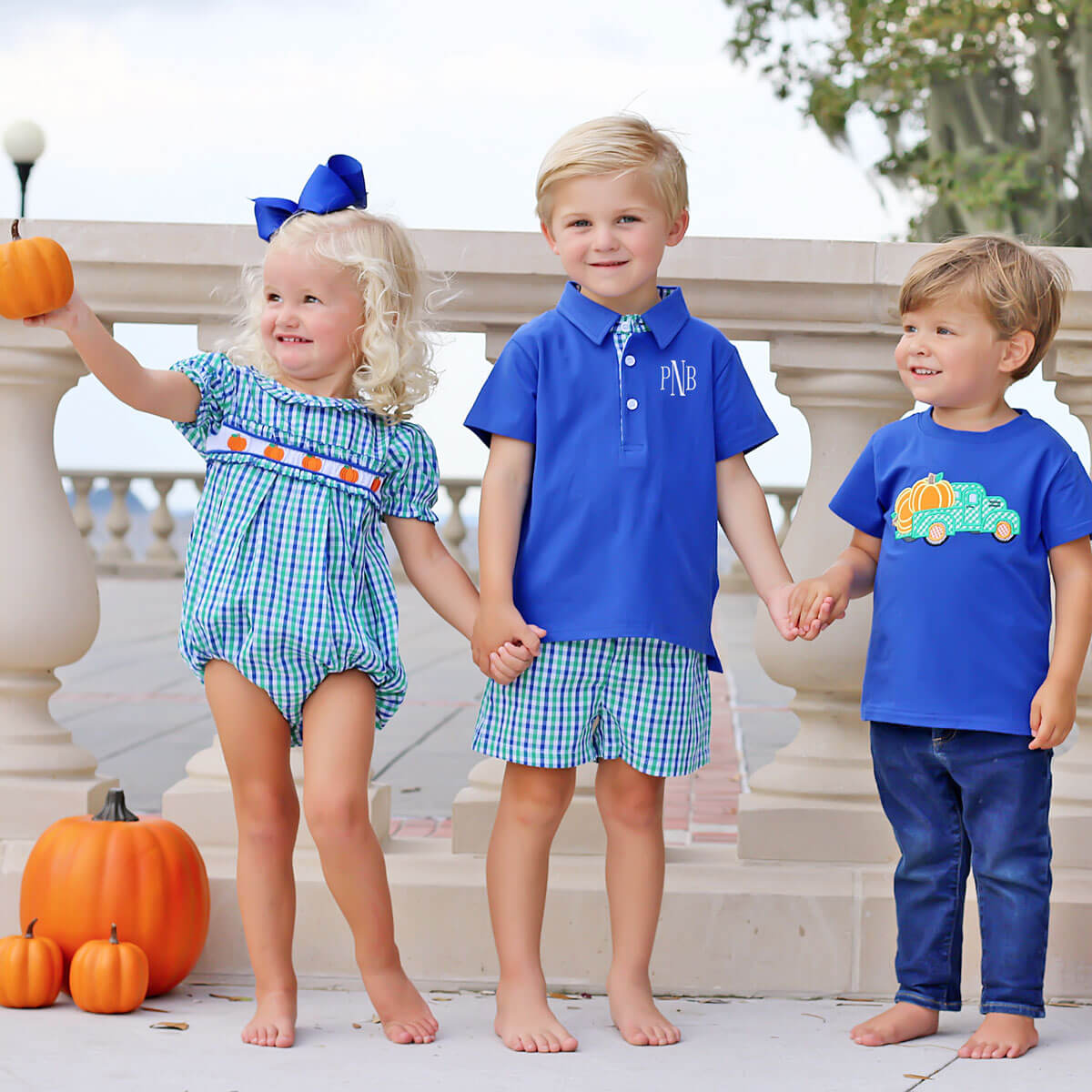 Hello Pumpkin Embroidered Blue & Green Gingham Bubble