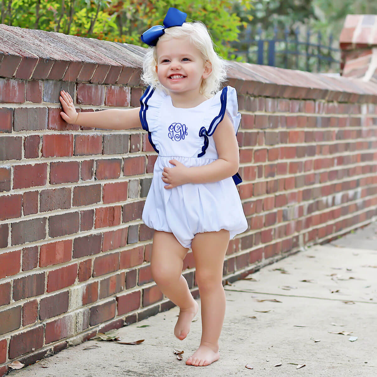 White & Royal Blue Alice Bubble by Classic Whimsy - Girls Bubbles - White/Royal 12M