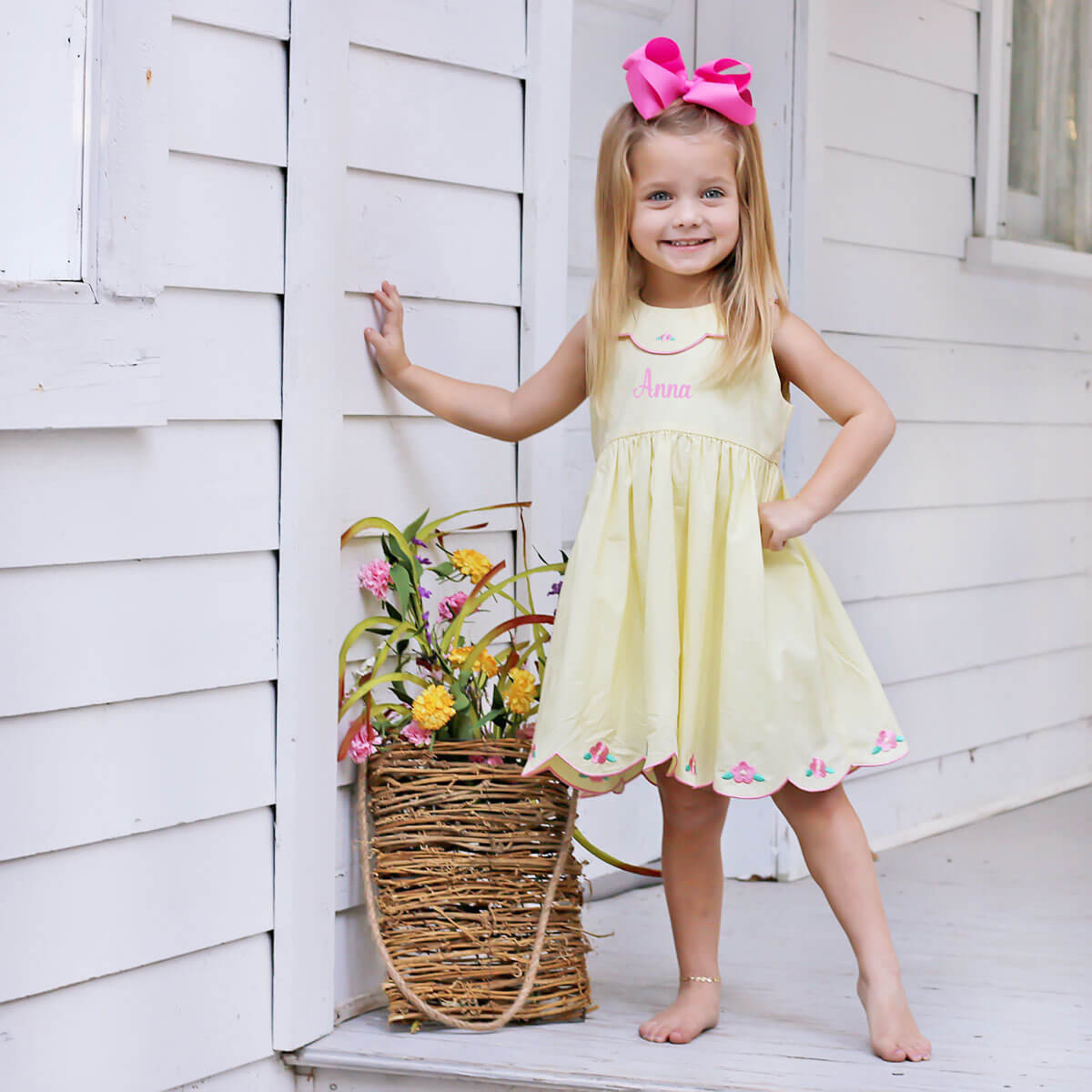 Embroidered Flowers Yellow Scalloped Dress Classic Whimsy Embroidered Flowers Yellow Scalloped Dress Classic Whimsy