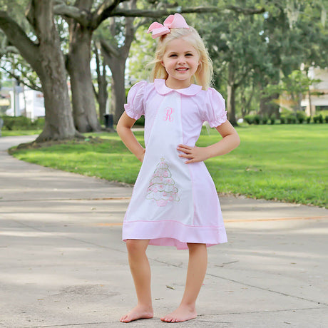 Embroidered Pink Christmas Tree Dress
