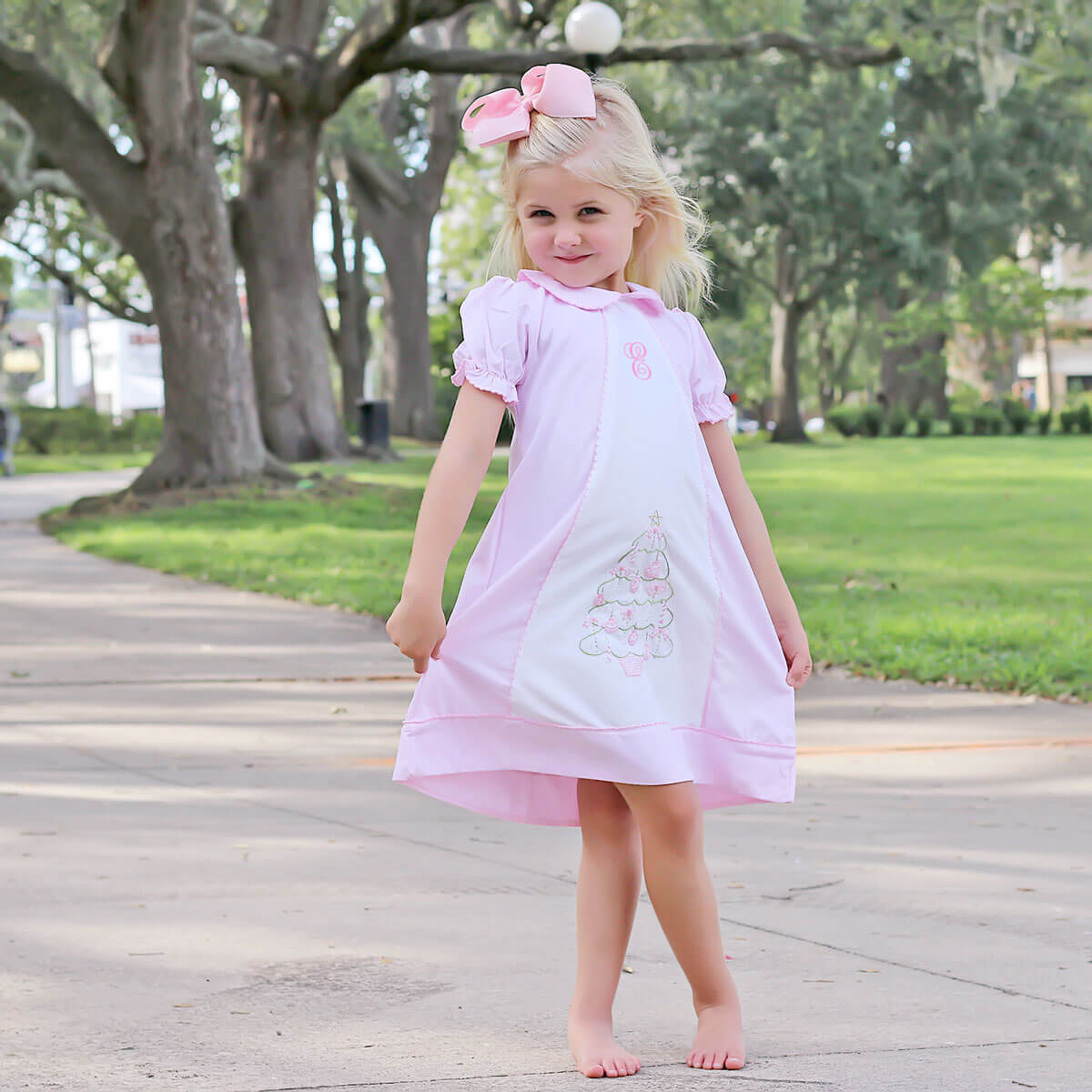 Embroidered Pink Christmas Tree Dress