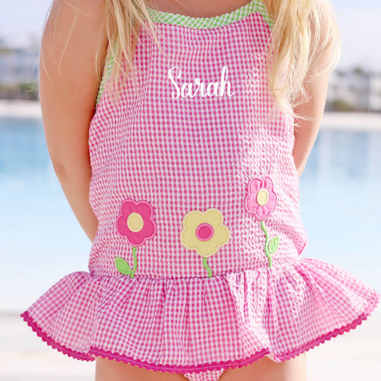 Blooming Flowers Pink Gingham One Piece Swimsuit