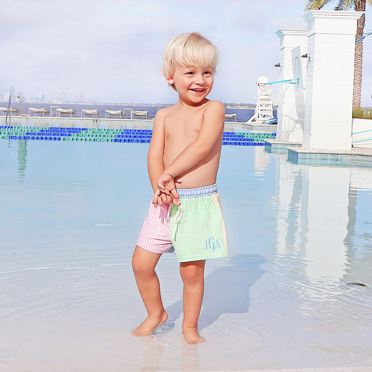 Colorblock Seersucker Swim Trunks