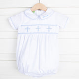 Blue Cross Smocked White Boy Bubble