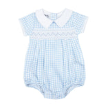 Mini Checks Knit Smocked Collared Blue Bubble