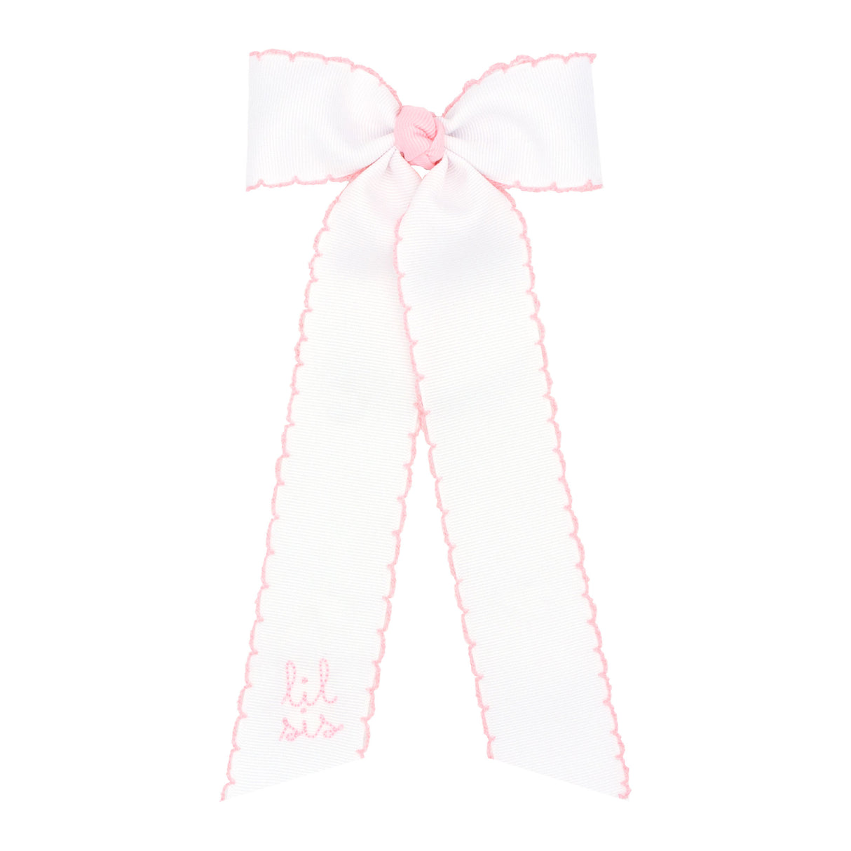 Embroidered Lil Sis Moonstitch White Bow Streamer
