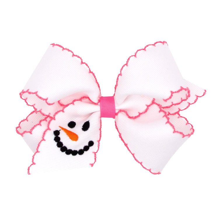 Snowman Embroidered Pink Moonstitch Bow