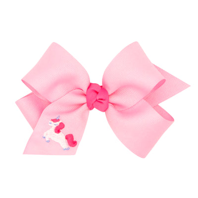 Unicorn Embroidered Pink Grosgrain Knot Bow