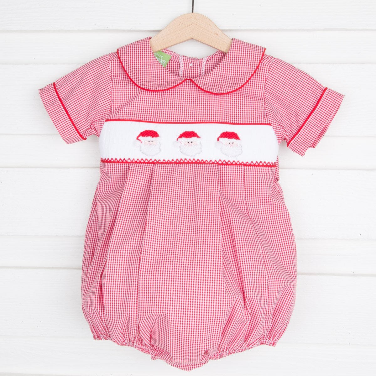 Santa Face Smocked Collared Boy Bubble Red Gingham