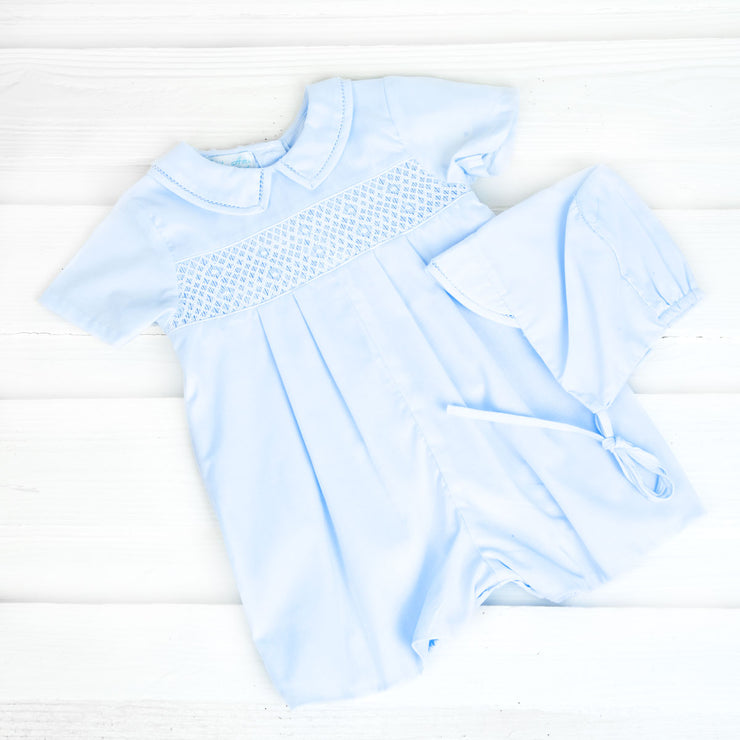 Blue Smocked Collared Shortall and Bonnet Set