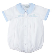 Embroidered Train Blue and White Collared Bubble