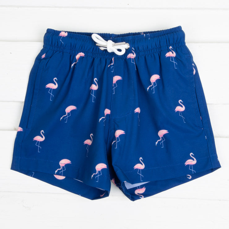 Pink Flamingo Swim Trunks Navy
