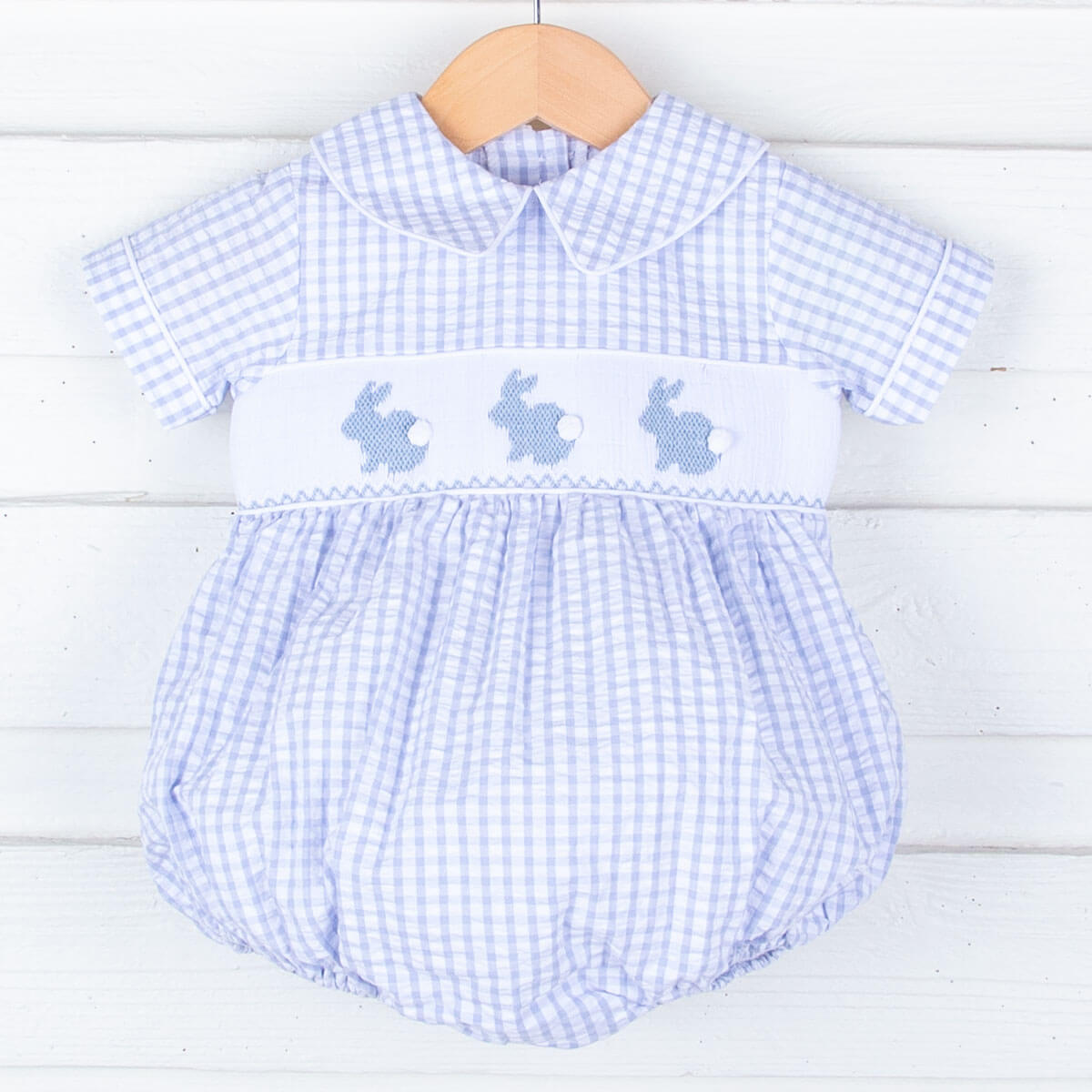 Bunny Smocked Collared Light Blue Bubble