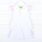 White Polo Pink Ruffle Tennis Skirt Set
