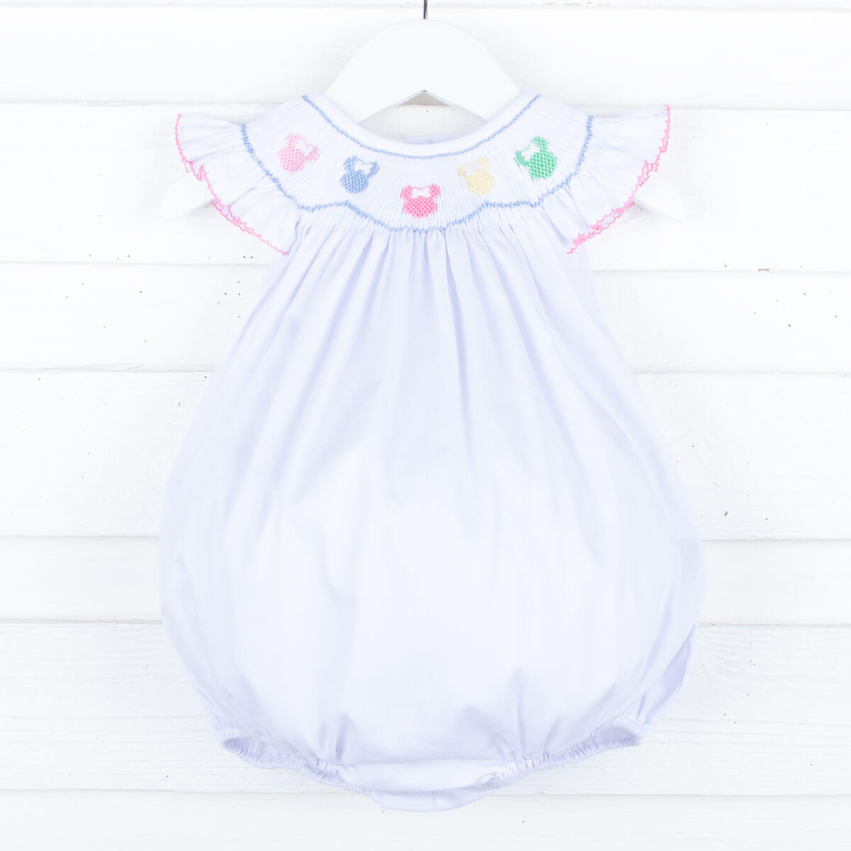 Pastel Mouse Ears Smocked White Pique Bubble