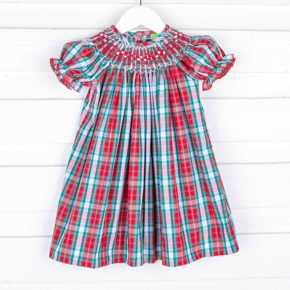 Geometric Smocked Bishop Dress Red & Green Plaid