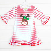 Red Stripe Knit Reindeer Ruffle Dress