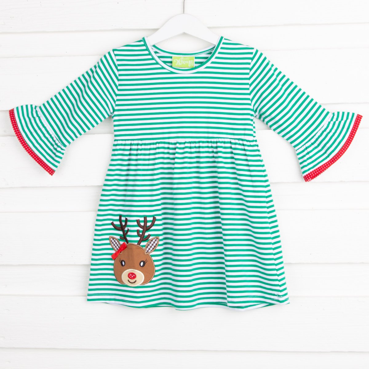 Green Stripe Knit Reindeer Dress