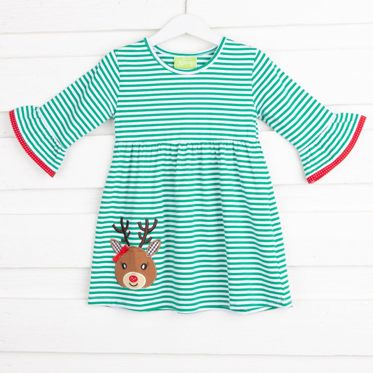 Green Stripe Knit Reindeer Dress