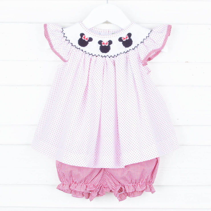 Mouse Ears Smocked Angel Sleeve Bloomer Set Red Dot