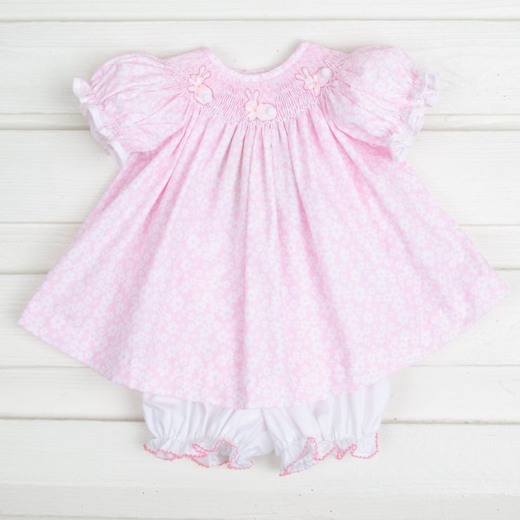 Bunny Smocked Bloomer Set Pink and White Floral