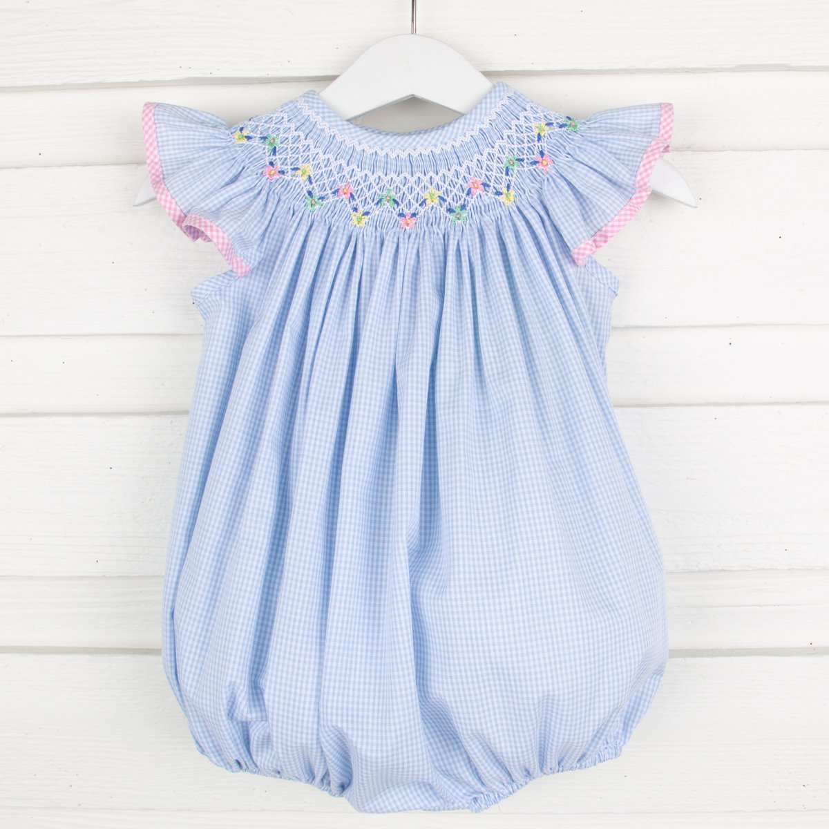 Peach Floral Smocked Bubble Light Blue Gingham