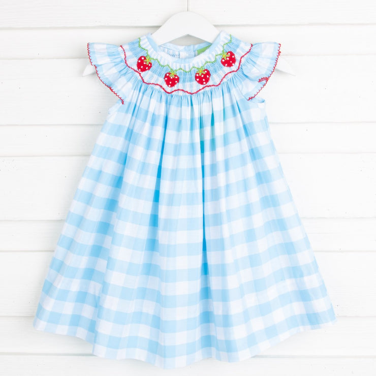 Strawberry Smocked Dress Turquoise Check