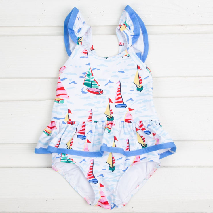 Watercolor Sailboat One Piece Swimsuit