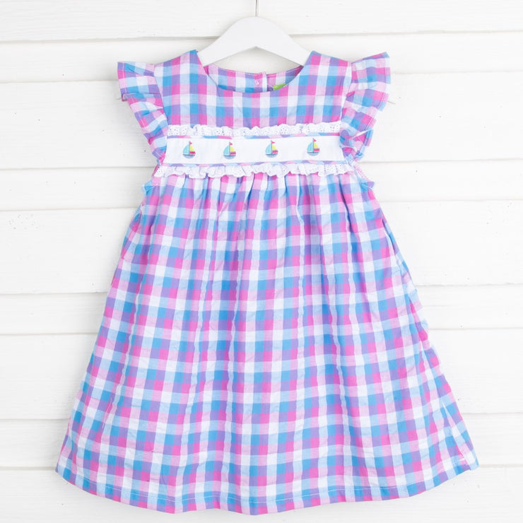 Pink and Blue Plaid Sailboat Embroidered Dress