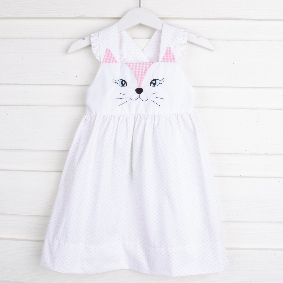 Kitty Face Embroidered Dress Light Pink Dot