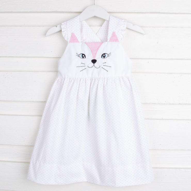 Kitty Face Embroidered Dress Light Pink Dot